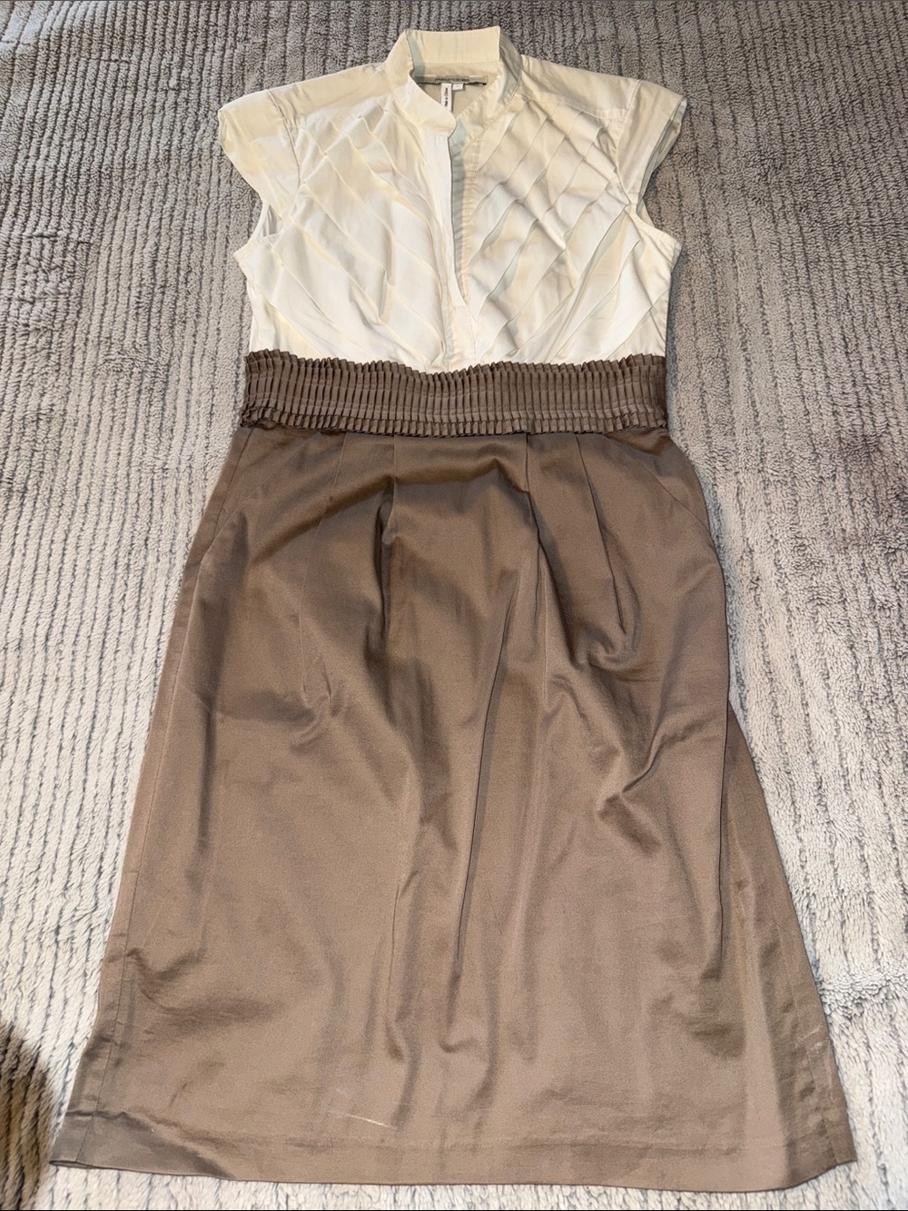 Max & Cleo Cream and Brown Pleated Dress